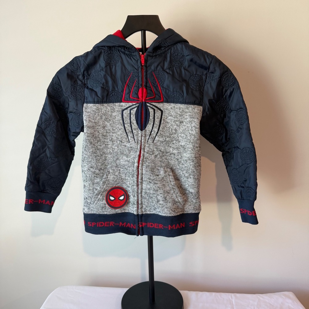 Marvel Spider-Man Kids SZ 7 Zip Up Hoodie Quilted Mixed Media Jacket Navy Gray